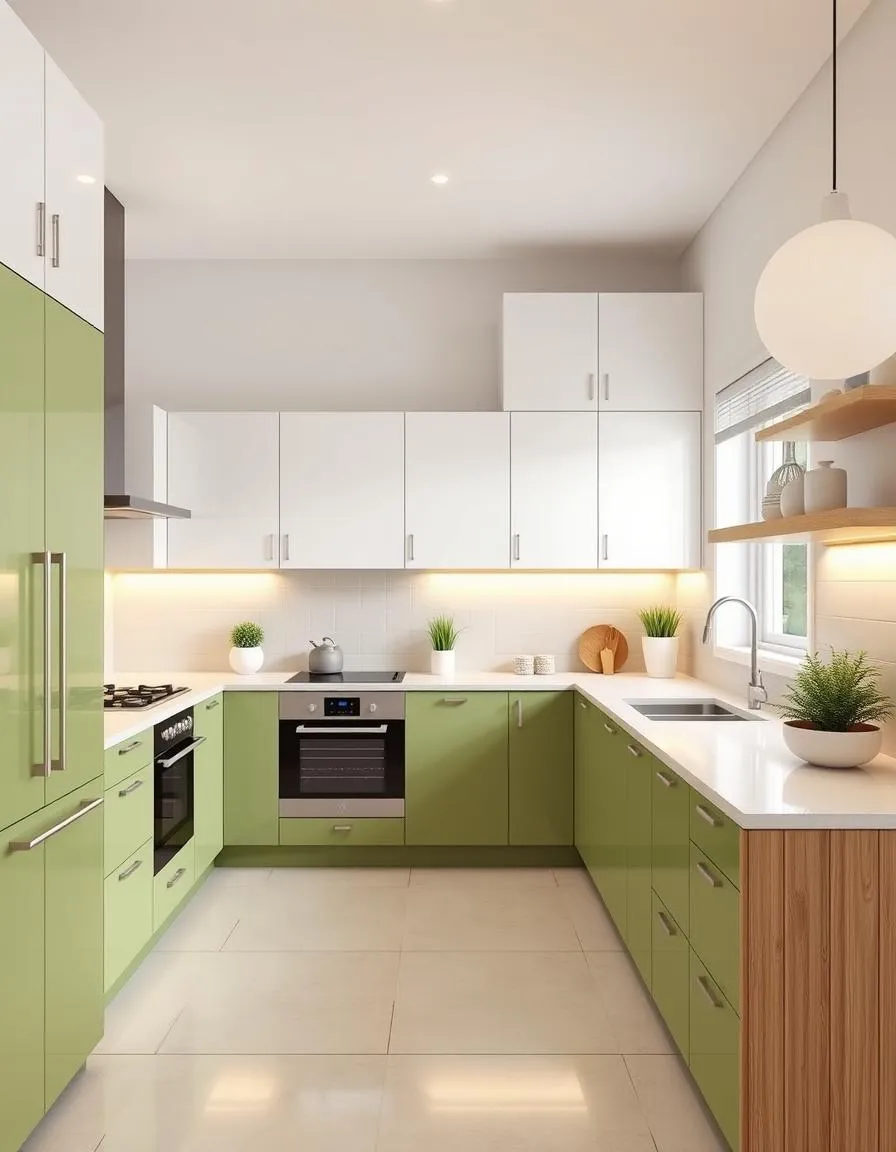 Cocina a medida con muebles en tono verde y cubierta clara