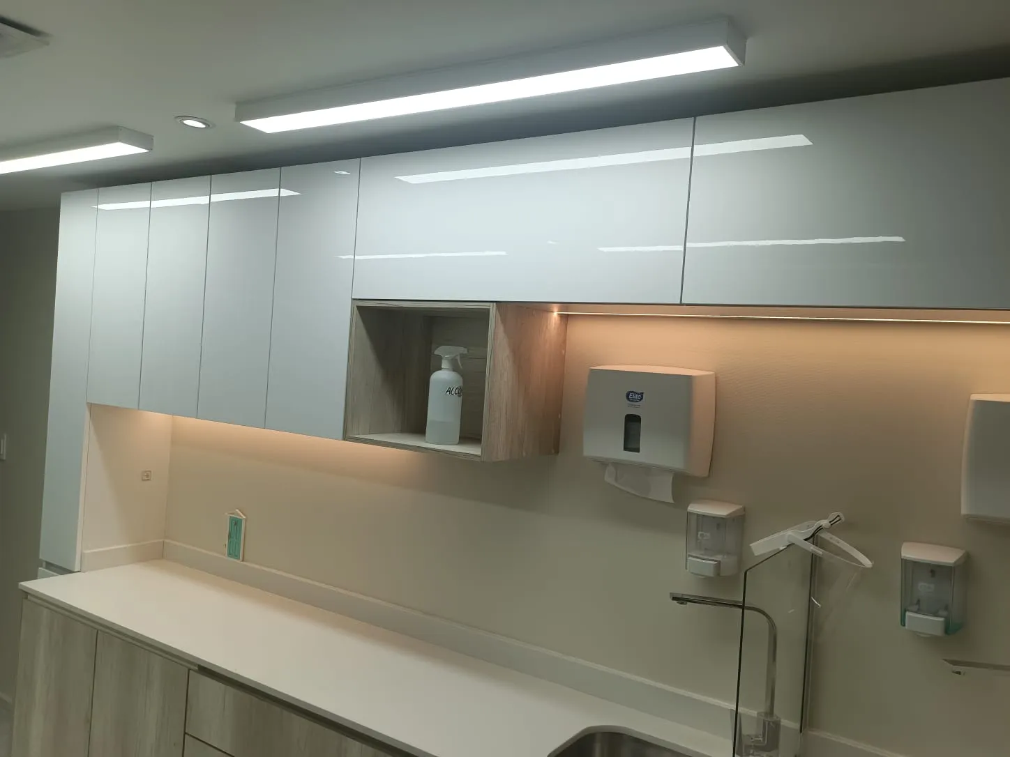 Cubierta clínica con muebles altos de puertas de vidrio